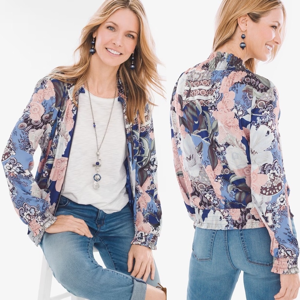 Chicos Reversible Floral Mixed Print Shirred Bomber Jacket Size XXL Blue Coat‎